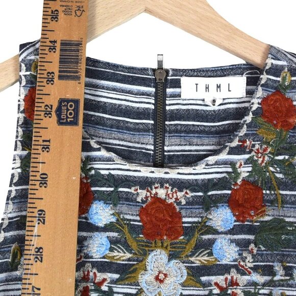THML Embroidered Striped Sleeveless Dress Size S Navy Multi Floral Boho Festival - Picture 4 of 6